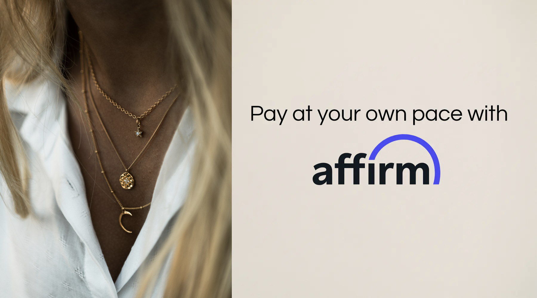 Necklace with layered pendants on a blurred background, featuring Affirm logo and text.