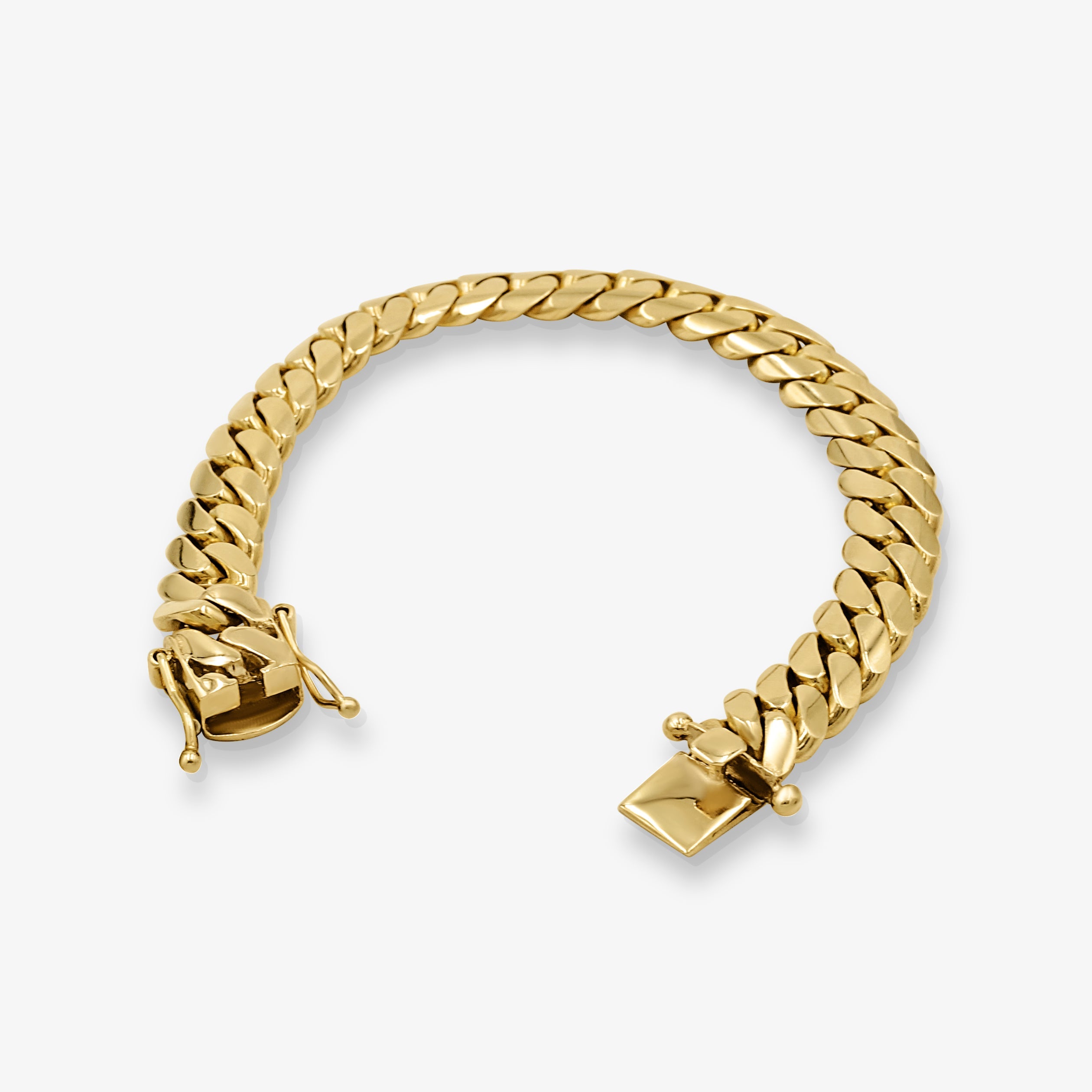 Close-up of 10mm solid gold Cuban link bracelet at Mayra Jewelry