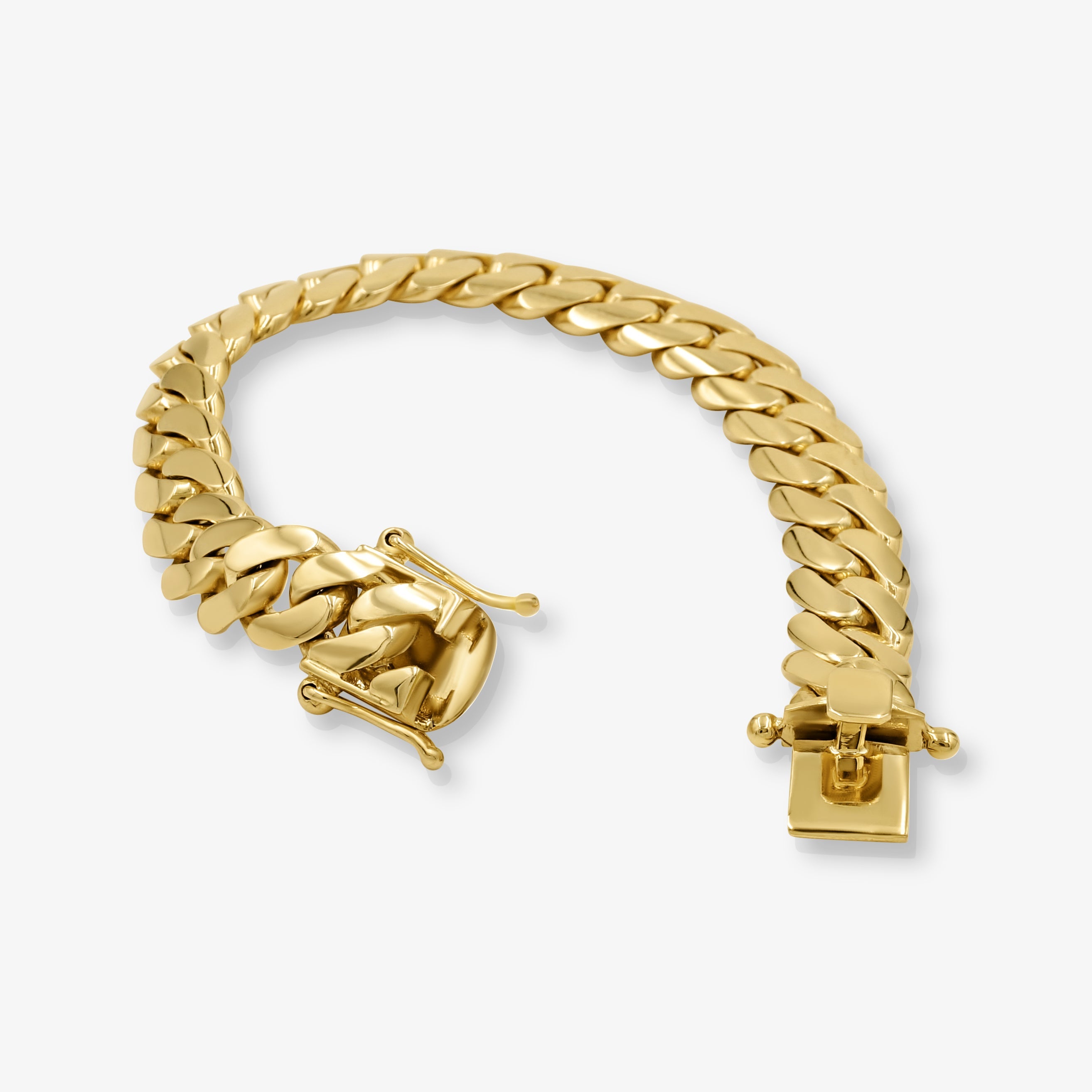 Close-up of 12mm solid gold Cuban link bracelet at Mayra Jewelry