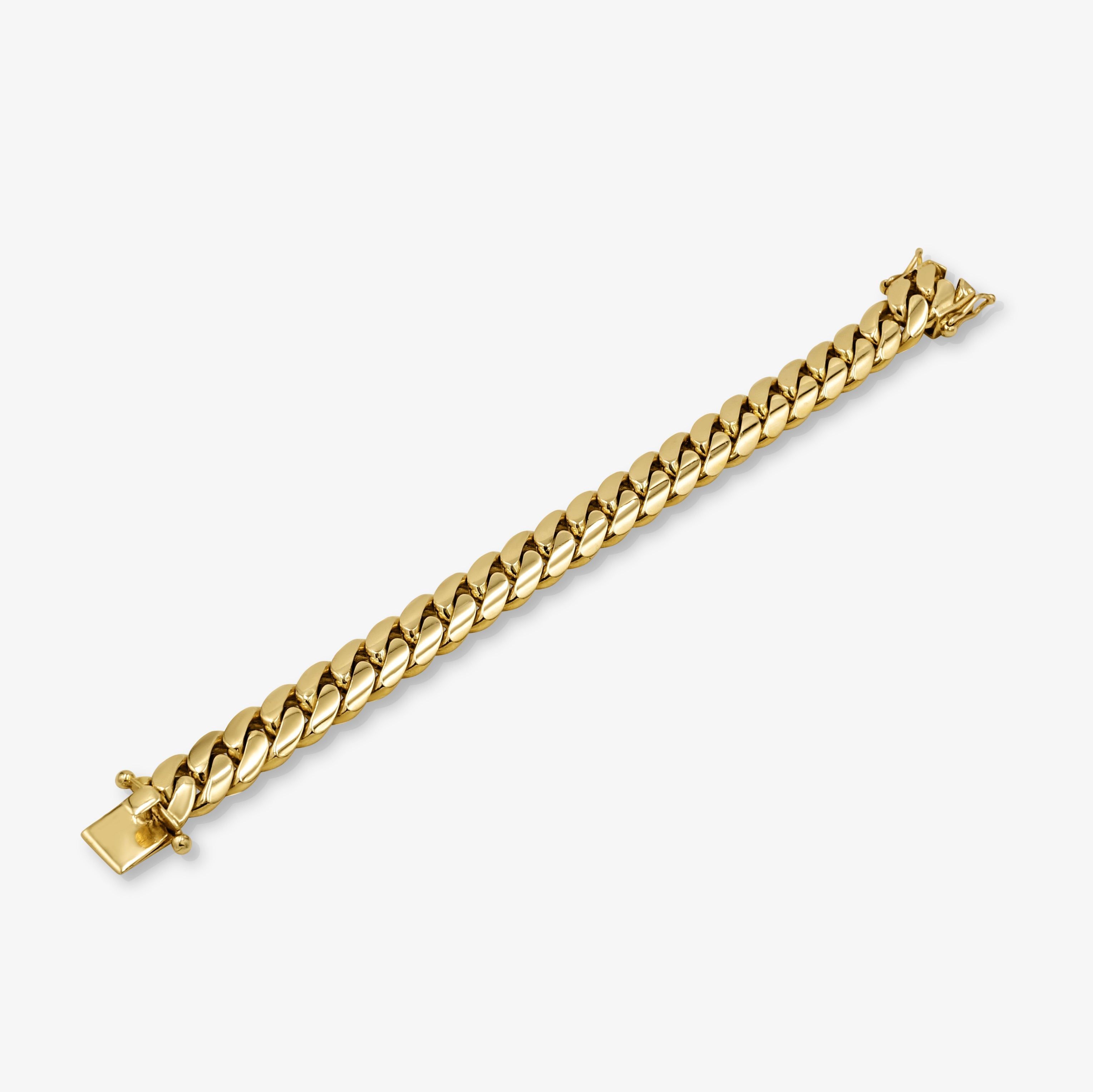 Detail view of 13mm Cuban link bracelet clasp at Mayra Jewelry