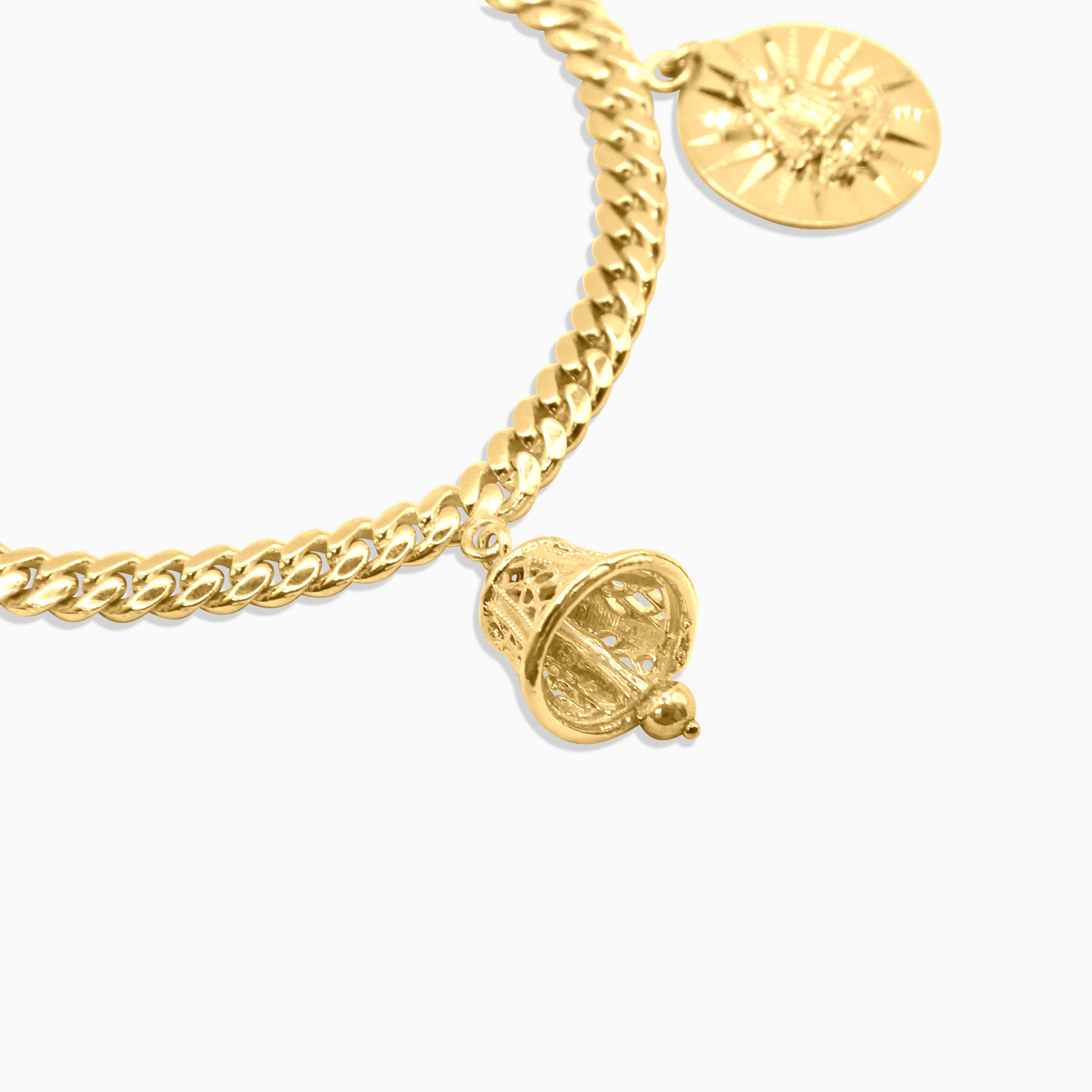 Women's 10K gold charm bracelet with bells and medallions at Mayra Jewelry
