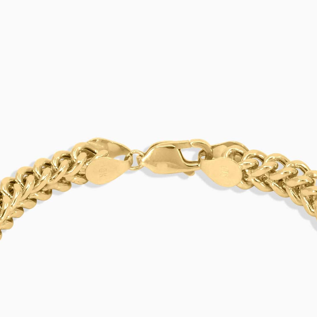 Detail view of 10K gold Franco chain necklace at Mayra Jewelry