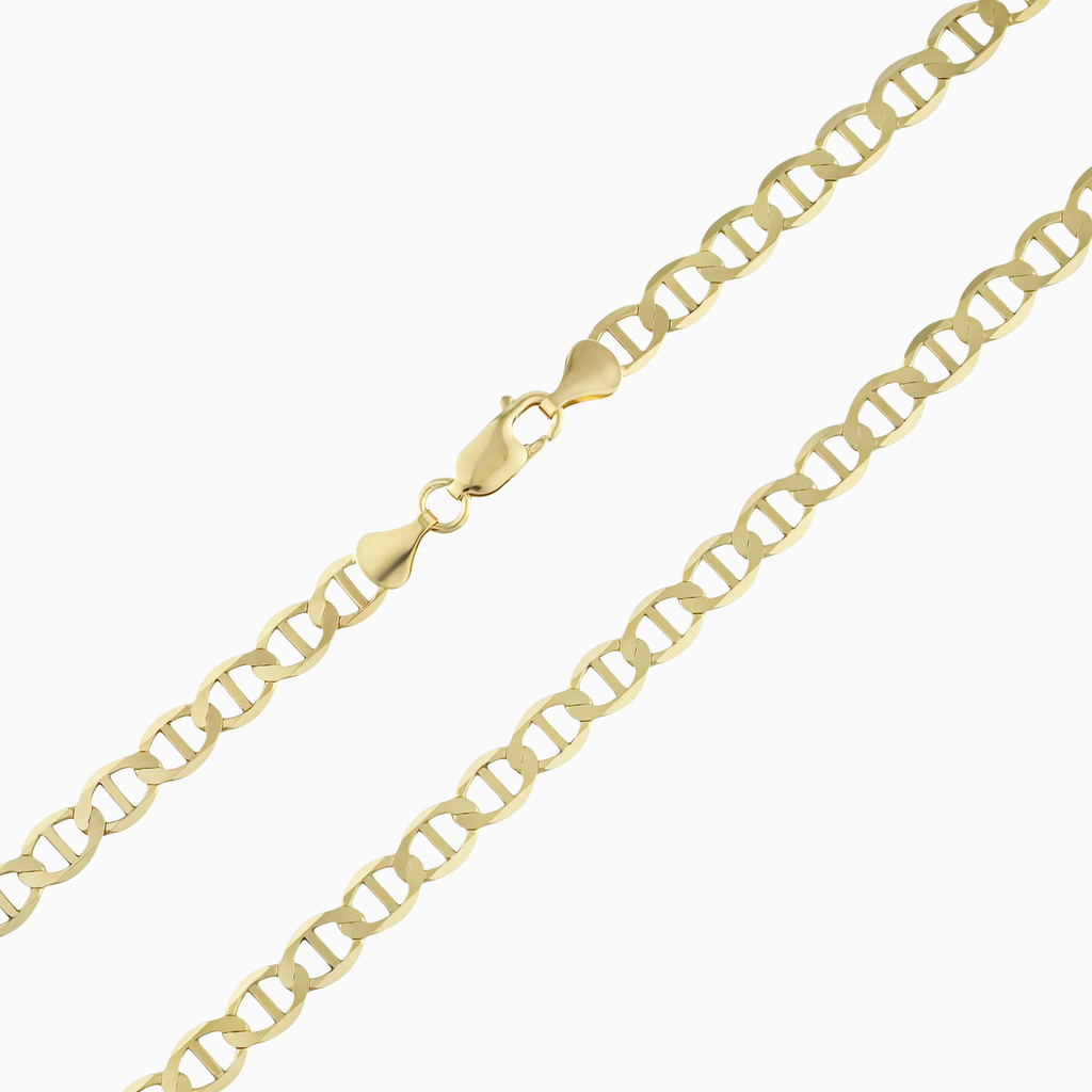 Clasp detail of 10K gold flat mariner link chain at Mayra Jewelry