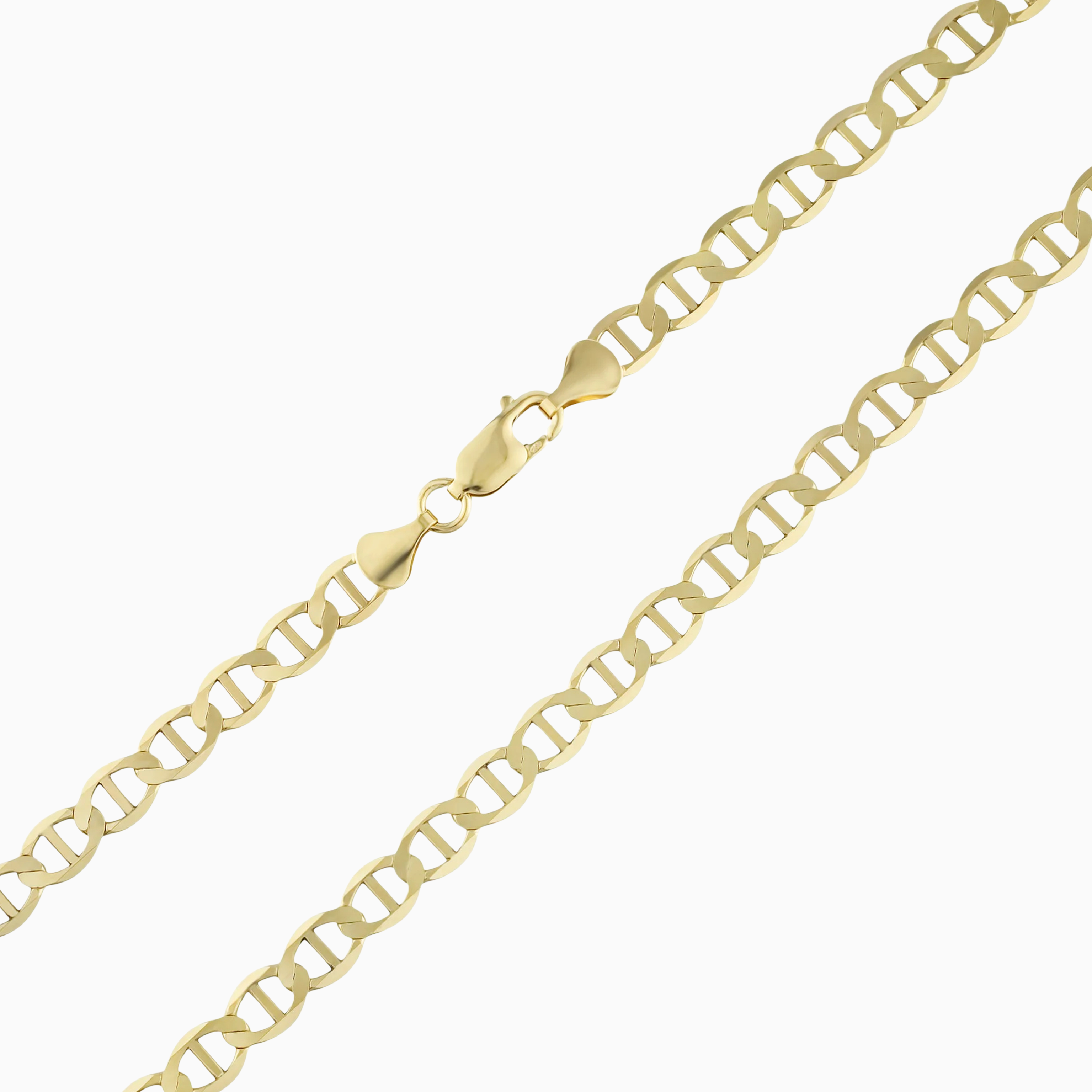 Clasp detail of 10K gold flat mariner link chain at Mayra Jewelry