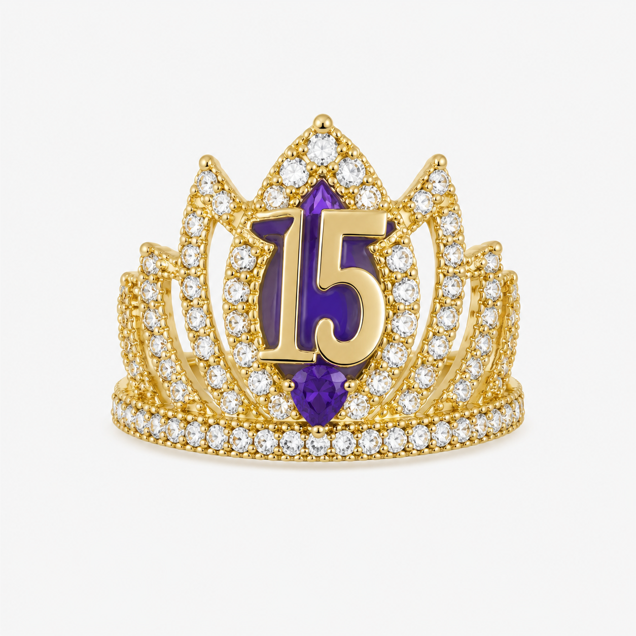 Quinceanera crown ring with zirconia and purple center 10k