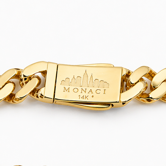 Clasp detail of 14K gold Monaci chain at Mayra Jewelry