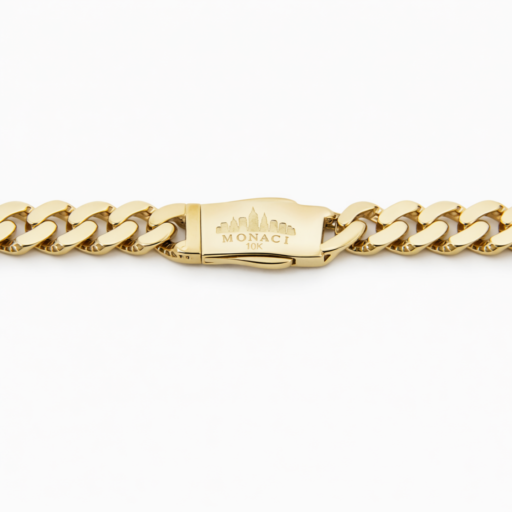 Clasp detail of 10K gold Monaci chain at Mayra Jewelry