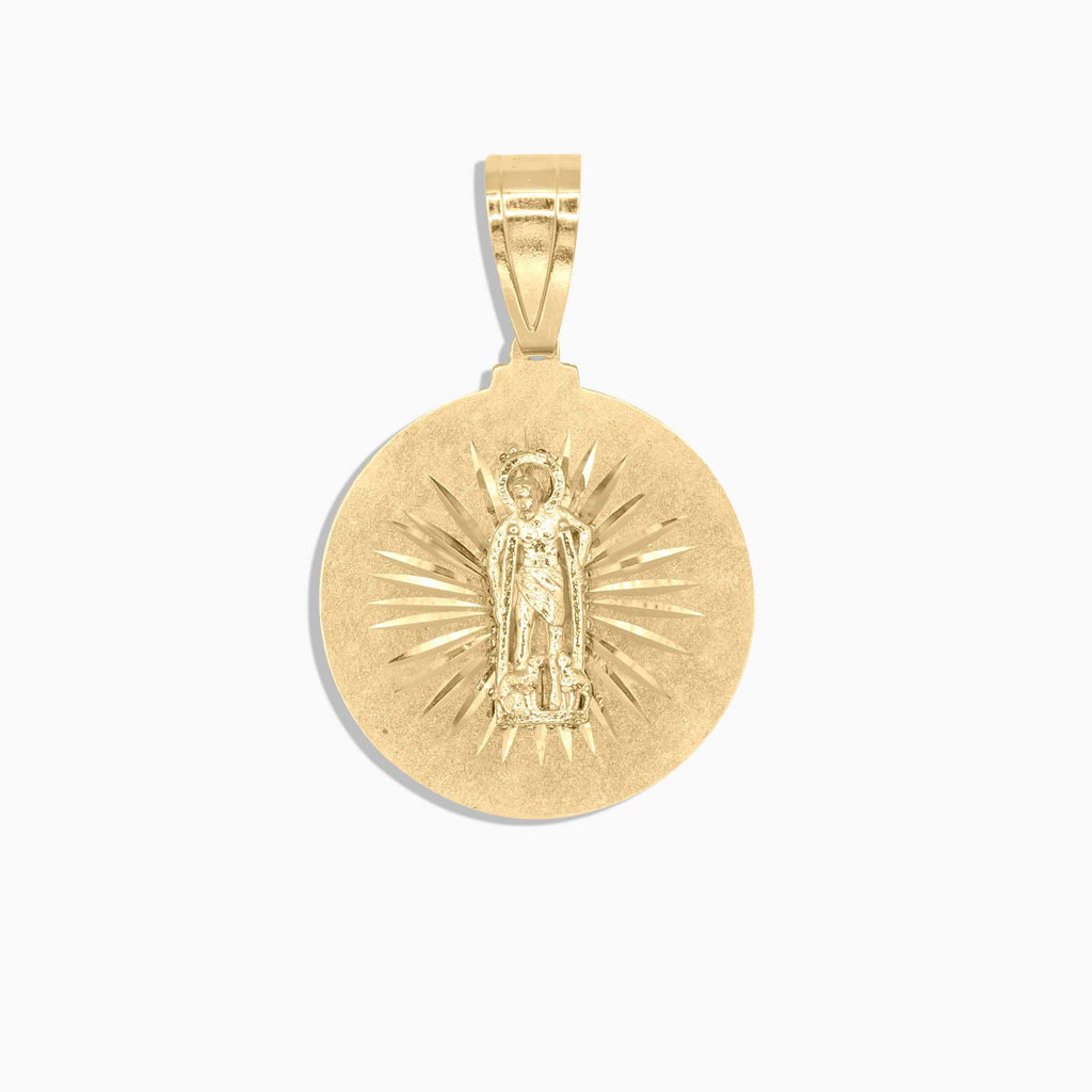 10K gold round Saint Lazarus medal pendant at Mayra Jewelry