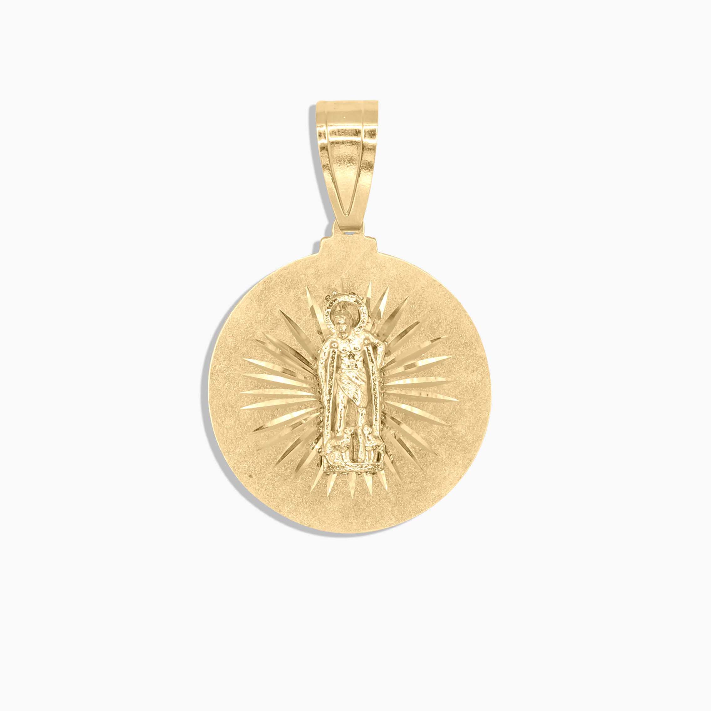 10K gold round Saint Lazarus medal pendant at Mayra Jewelry