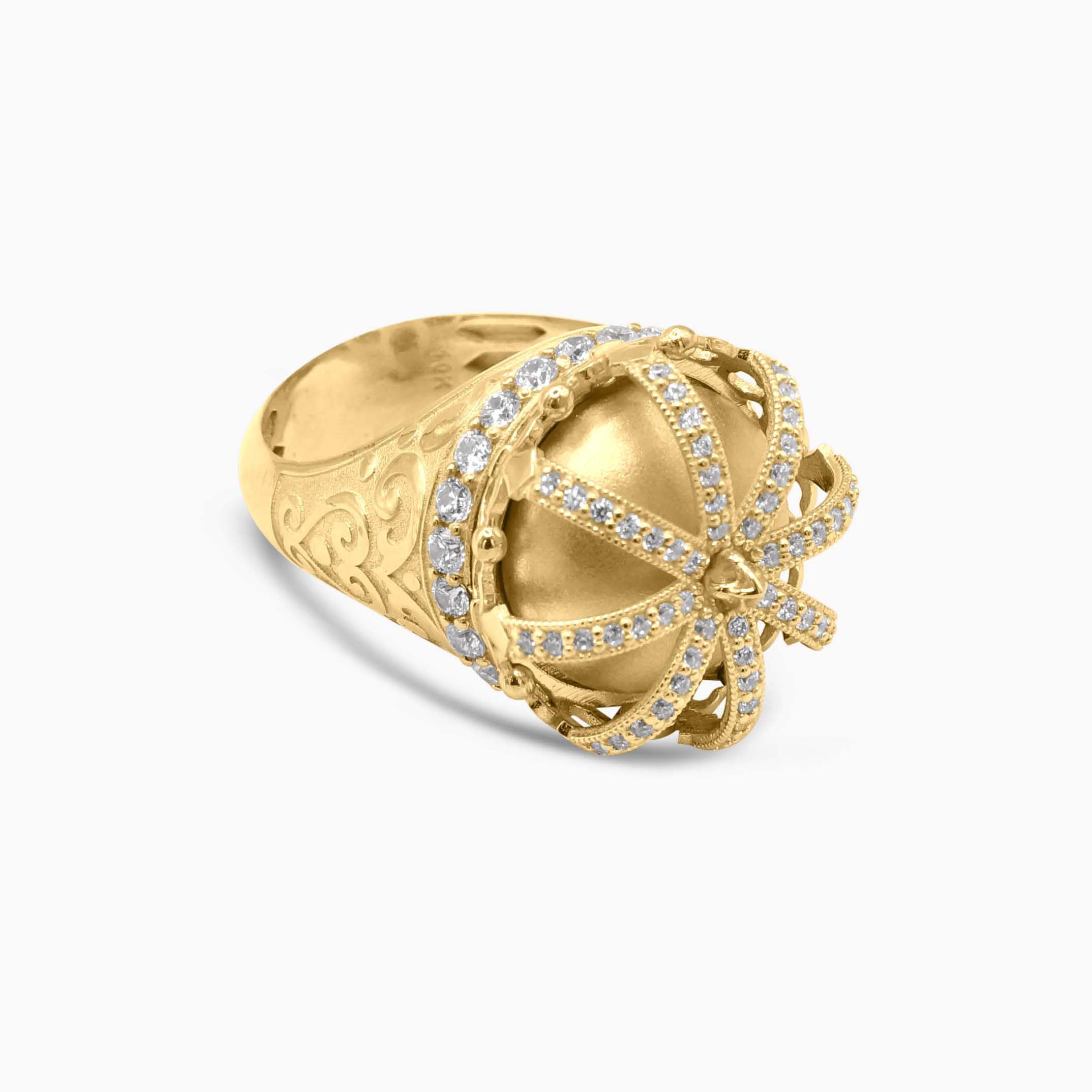 Detail view of 10K gold open crown ring with stones at Mayra Jewelry