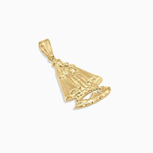 Detail view of 10K gold Our Lady of Charity pendant at Mayra Jewelry