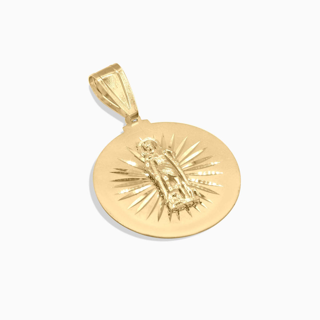 Detail view of 10K gold Saint Lazarus medal pendant at Mayra Jewelry