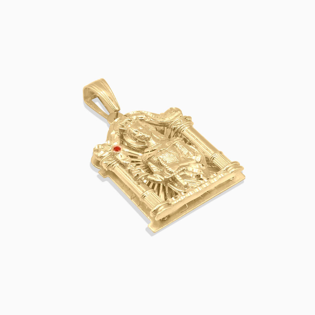 Detail view of Saint Barbara religious gold pendant at Mayra Jewelry