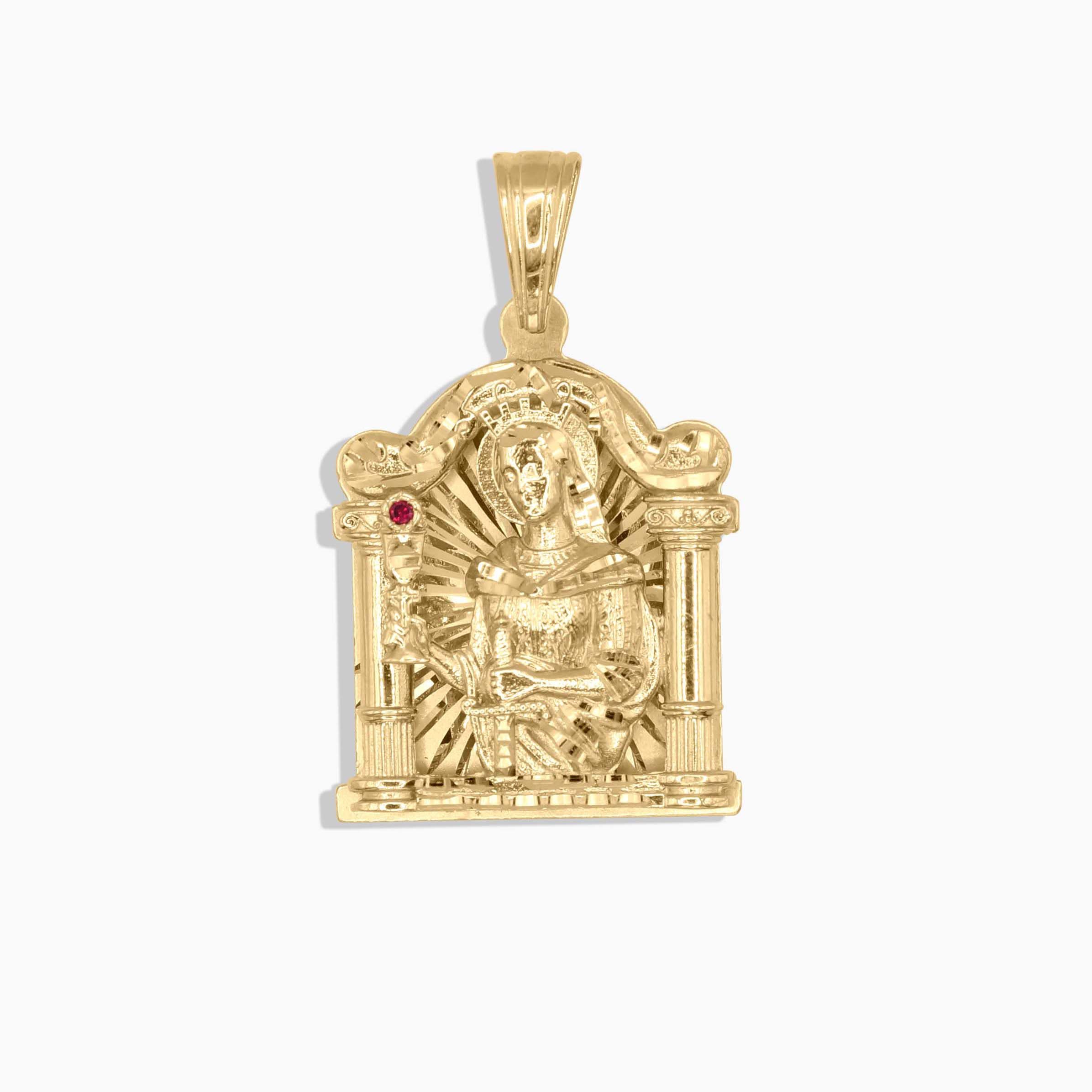 10K gold Saint Barbara pendant with ruby accent at Mayra Jewelry