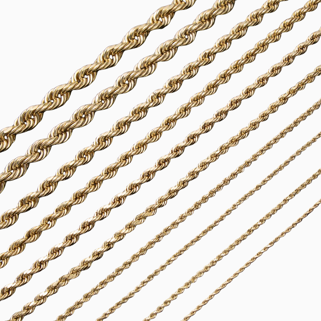 Rope chain size comparison for gold necklaces at Mayra Jewelry