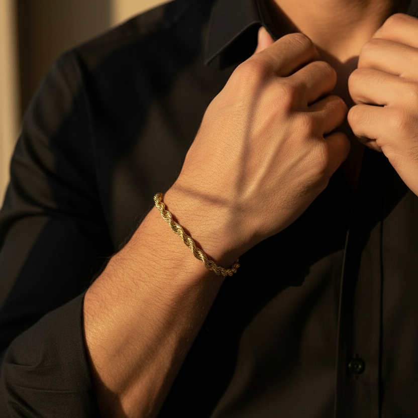 Close-up of yellow gold rope bracelet links at Mayra Jewelry