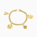 10K gold Cuban link charm bracelet with religious medallions at Mayra Jewelry