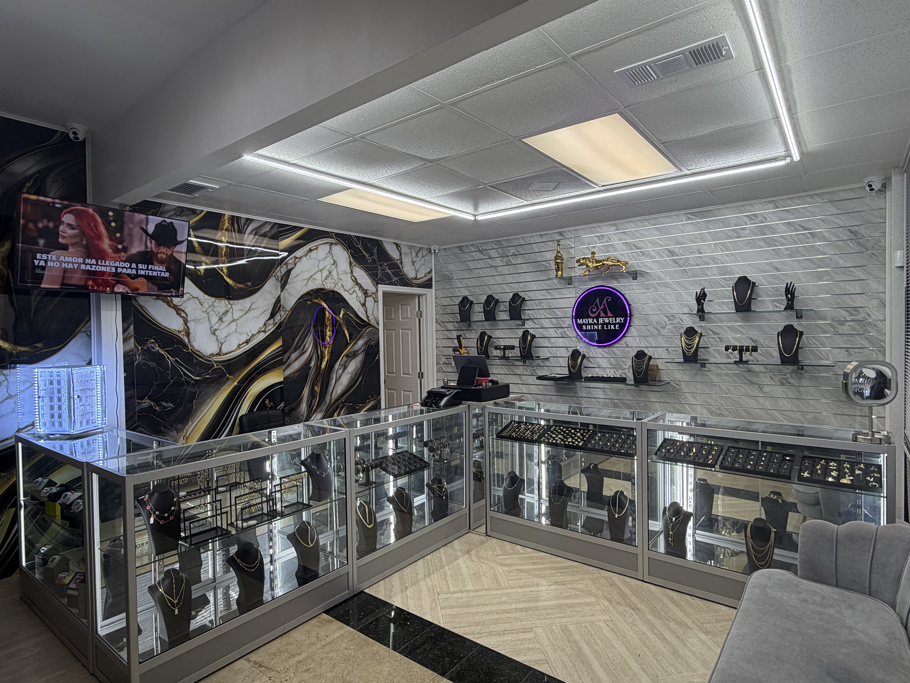 Display case with jewelry in a store setting