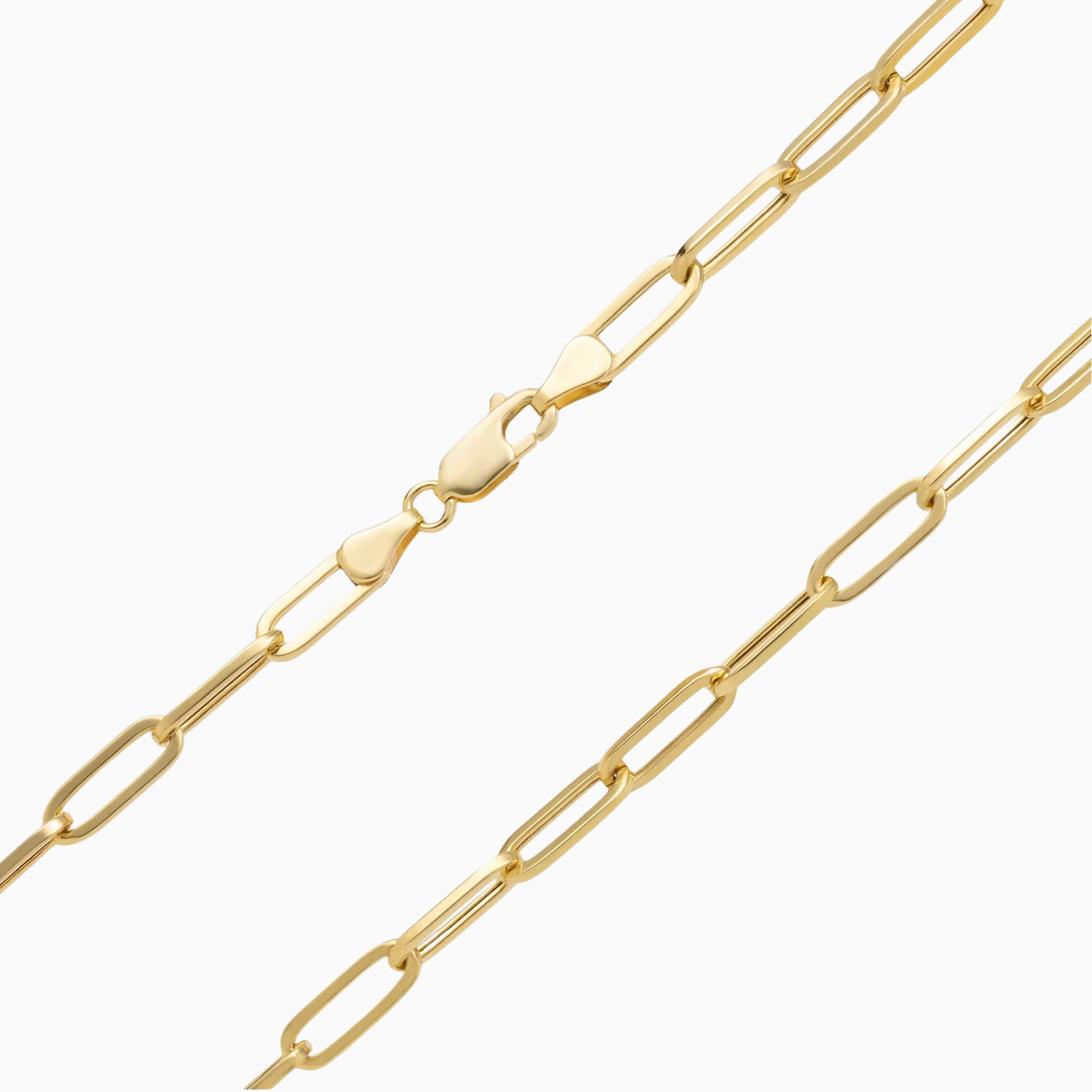Clasp detail of 10K gold paper clip chain necklace at Mayra Jewelry