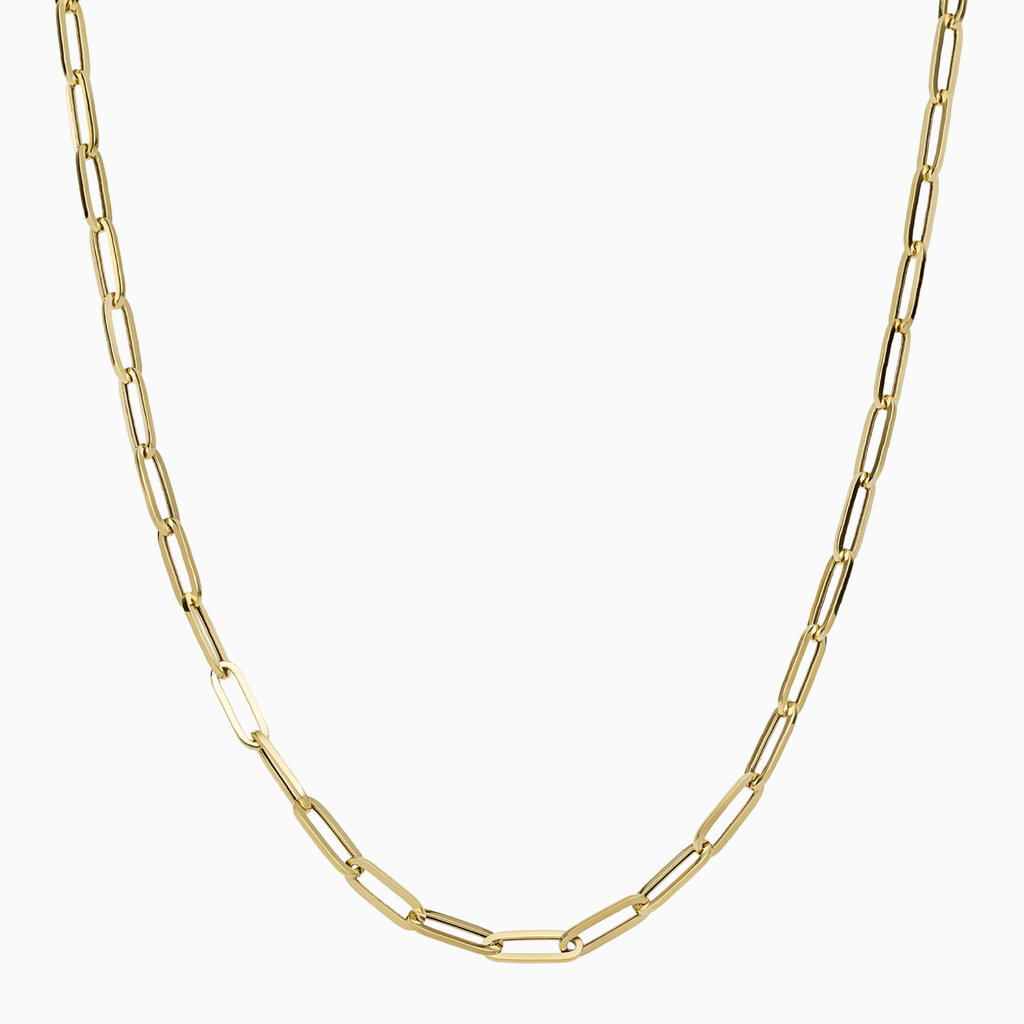 10K hollow gold paper clip chain necklace at Mayra Jewelry